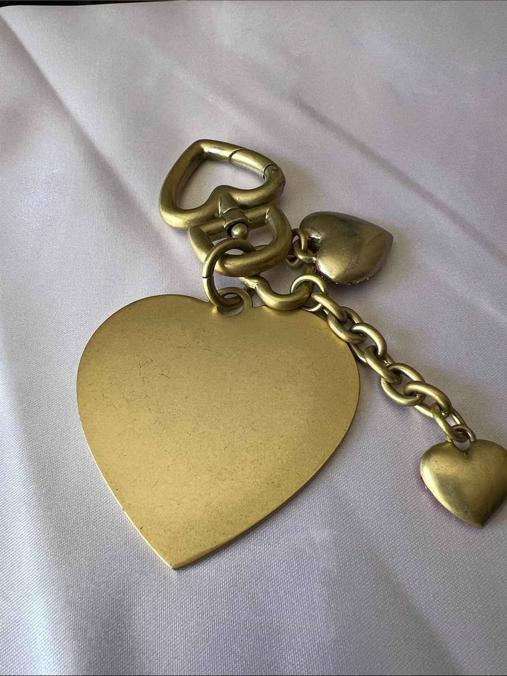 Juicy Couture Vintage Gold-Tone Heart Keychain with Pink Crystal Heart Charms